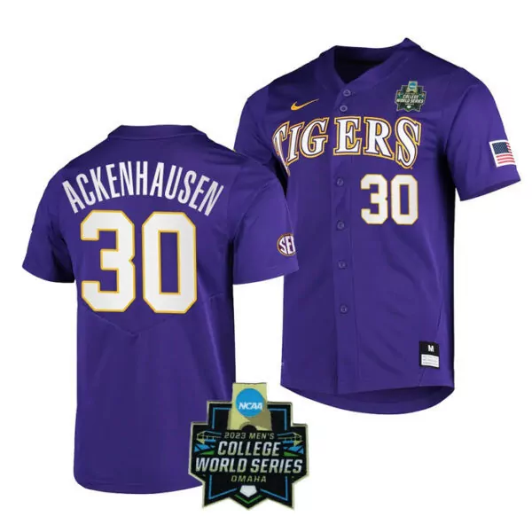 Men's LSU Tigers 2023 Purple All Stitched Jersey | Ackenhausen 30 Name Patch | College World Series | For Men, Women & Youth