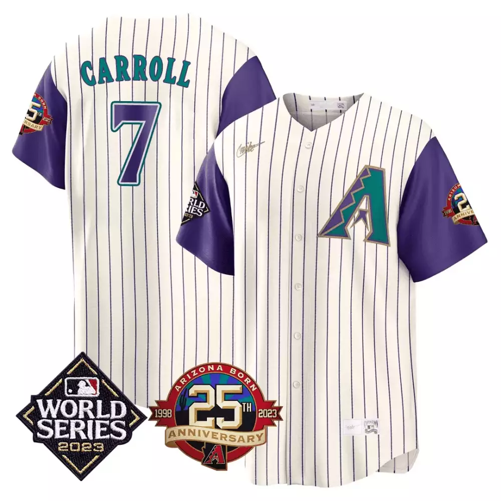 Carroll 7 Arizona Diamondbacks 2023 World Series Stitched Jersey | White & Purple | Limited Edition Fan Gear for Men, Women & Youth
