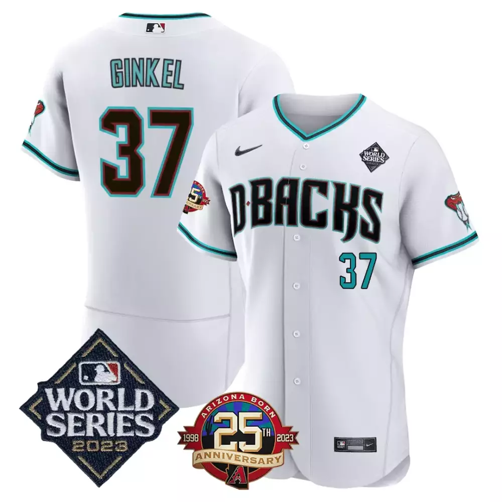 Ginkel 37 Arizona Diamondbacks 2023 World Series White Jersey | All Stitched with 25th Anniversary Patch | For Men, Women & Youth