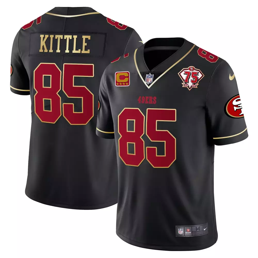 Kittle 85 San Francisco 49ers 2023 Black Stitched Jersey | 75th Anniversary Name Patch | For Men, Women & Youth
