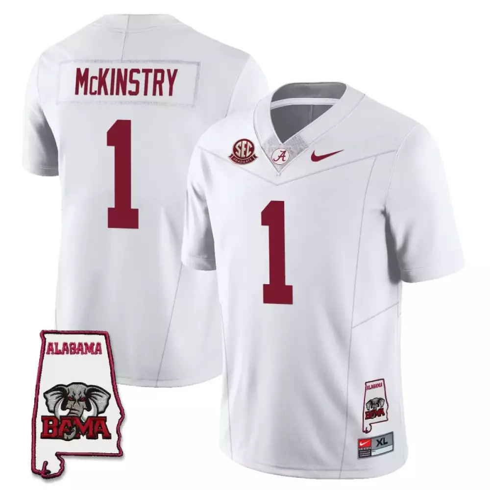 McKinstry 1 Alabama Crimson Tide 2023 White Stitched Jersey | Name Patch | Game Day Outfit for Men, Women & Youth
