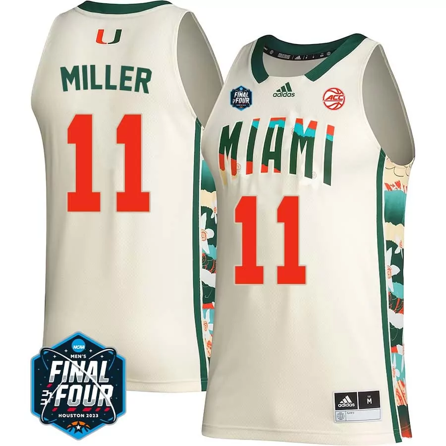 Miller 11 Miami Hurricanes Men's Stitched Jersey | 2023 Final Four Cream Name Patch | Fan Gear for Men, Women & Youth