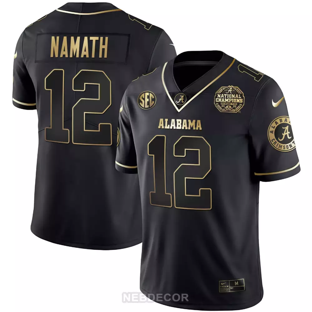 Namath 12 Alabama Crimson Tide Black Jersey | All Stitched with National Champions Patch | For Men, Women & Youth