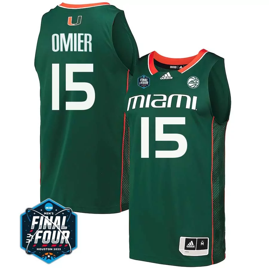 Omier 15 Miami Hurricanes Men's Green Stitched Jersey | 2023 Final Four Name Patch | Fan Gear for Men, Women & Youth
