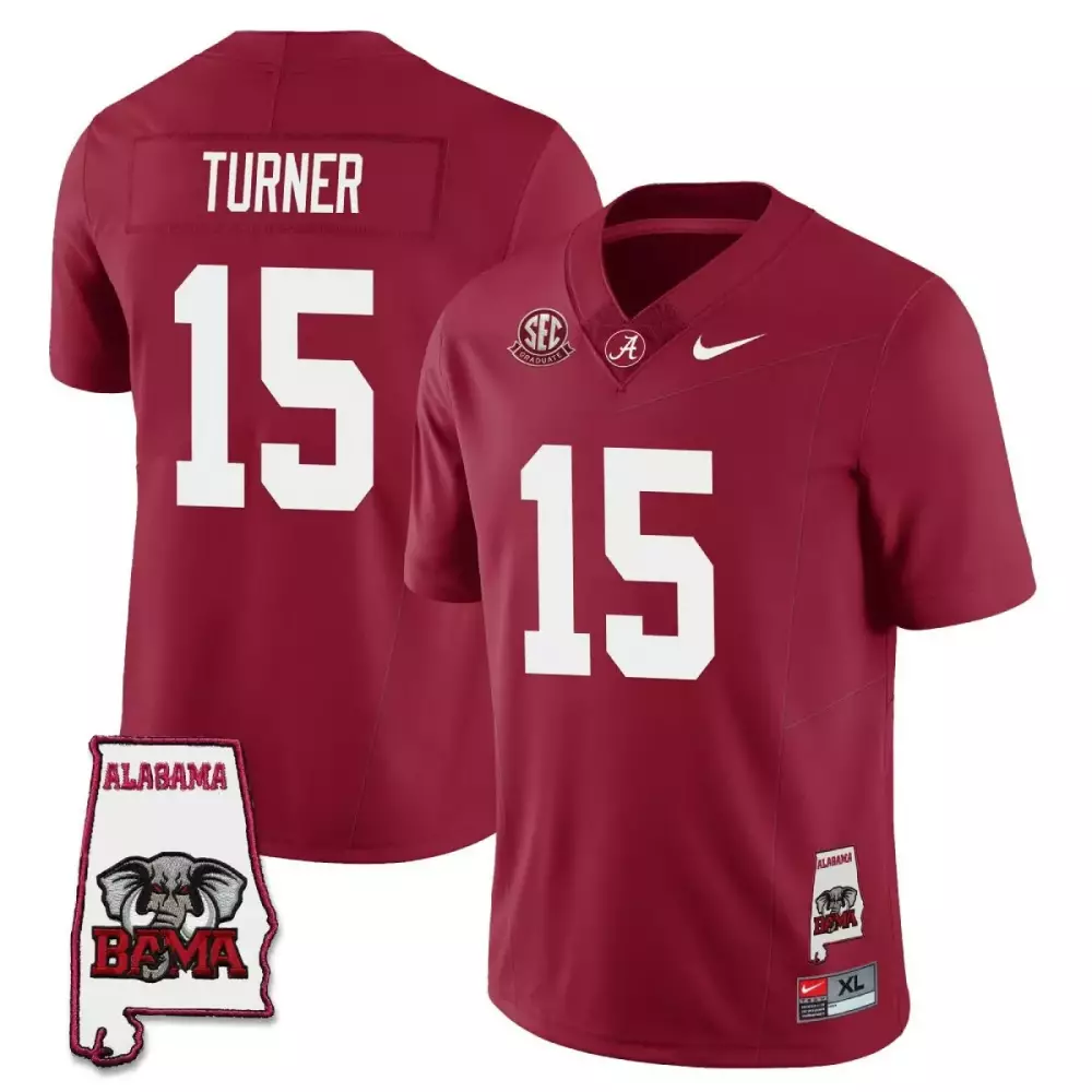 Turner 15 Alabama Crimson Tide Men's Red Stitched Jersey | 2023 Name Patch Edition | Fan Gear for Game Day | For Men, Women & Youth