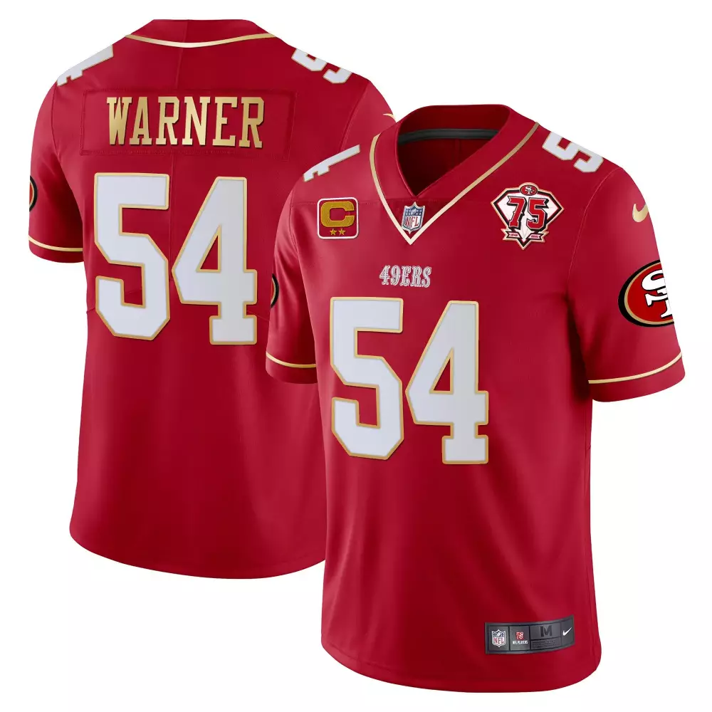 Warner 54 San Francisco 49ers Red Stitched Jersey | 75th Anniversary Name Patch 2023 | For Men, Women & Youth