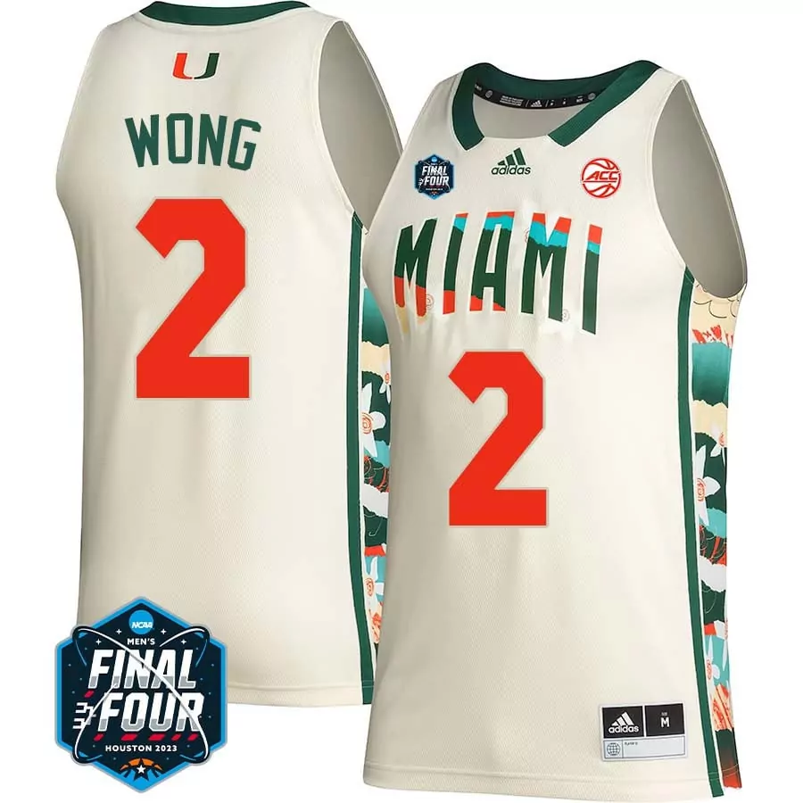 Wong 2 Miami Hurricanes 2023 Cream Color Stitched Jersey | Final Four Name Patch | Limited Edition Fan Gear | For Men, Women & Youth