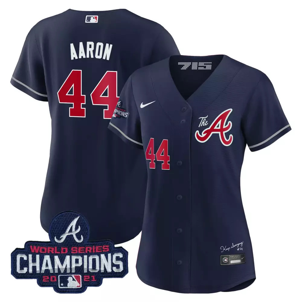 Aaron 44 Atlanta Braves 2021 Champions Jersey | Women's Navy Stitched with Name Patch | Fan Gear | For Women & Youth