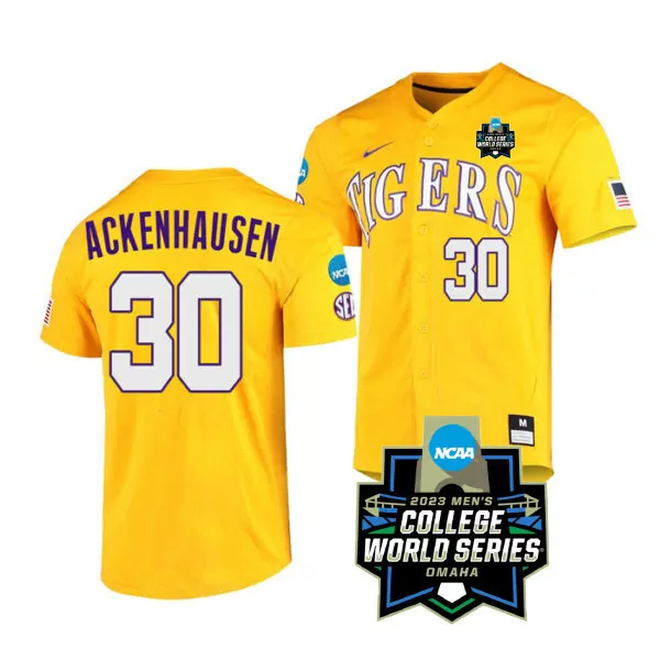Ackenhausen 30 LSU Tigers 2023 Men's College World Series Jersey | Yellow All Stitched Vapor | For Men, Women & Youth