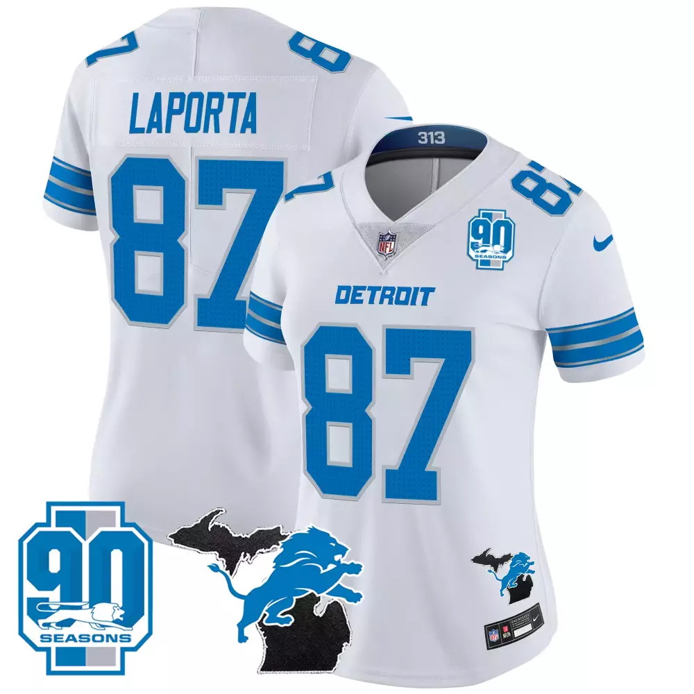 Laporta 87 Detroit Lions 2024 Women's White Vapor Jersey | 90th Year Patch All Stitched Fan Gear | For Men, Women & Youth
