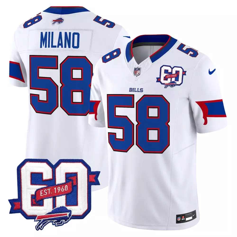Milano 58 Buffalo Bills White Vapor Jersey | 60th Anniversary Edition | All Stitched Fan Gear | For Men, Women & Youth