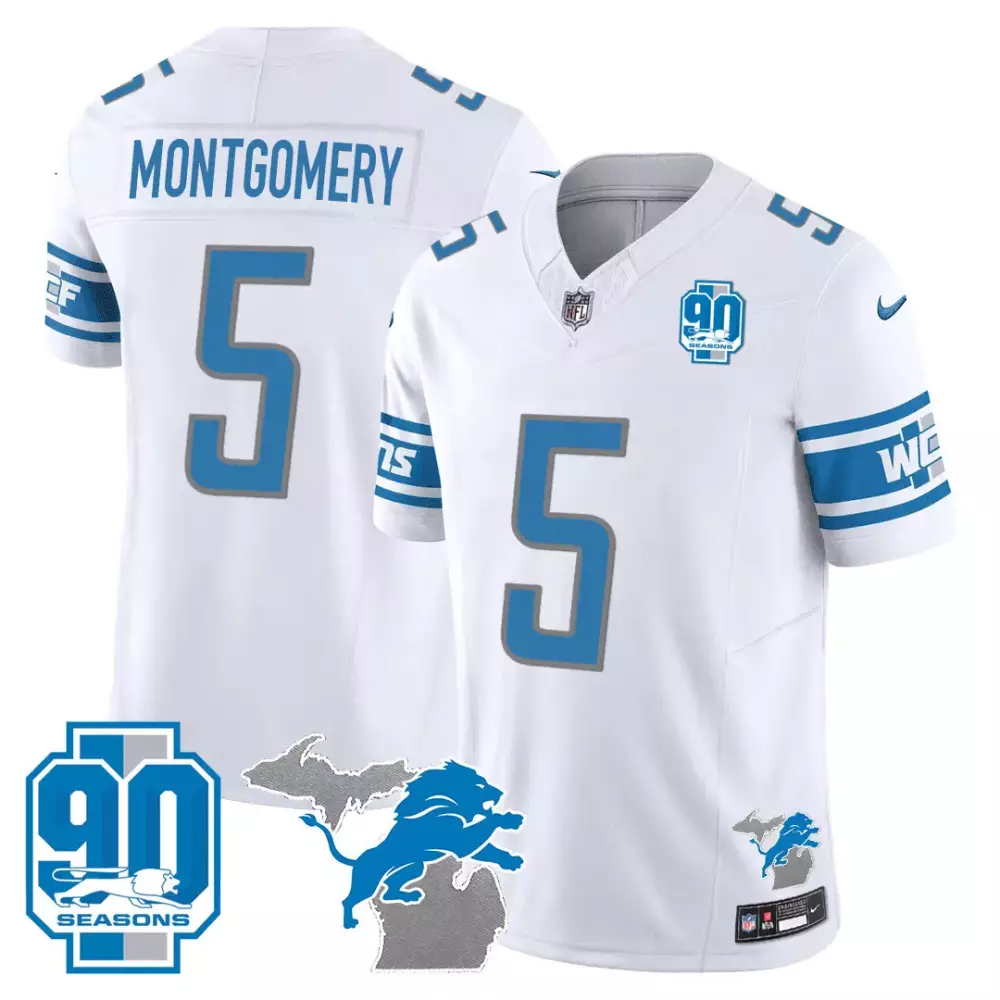 Montgomery 5 Detroit Lions 90th Year White Stitched Vapor Jersey | Limited Edition Fan Gear | For Men, Women & Youth