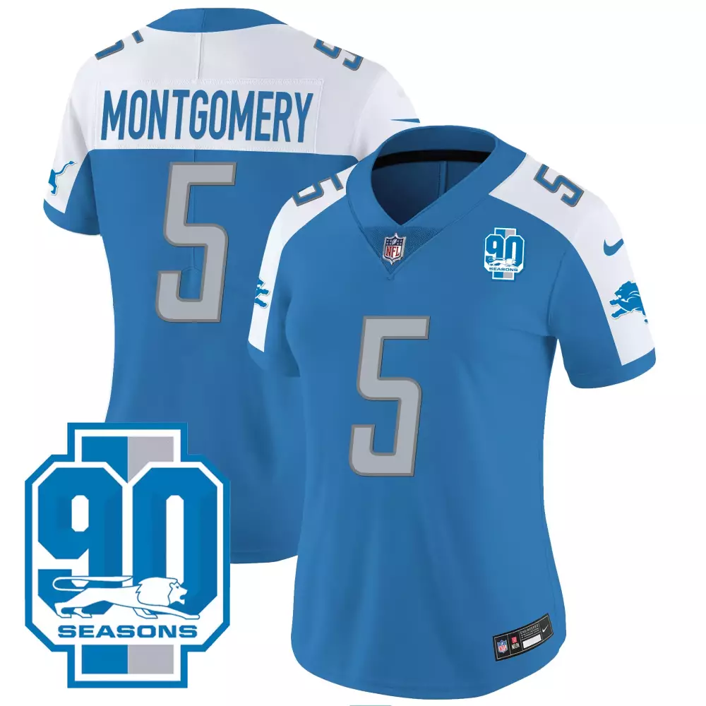 Montgomery 5 Detroit Lions Women's Blue All Stitched Jersey | 2023 NFC North Champions Name Patch | Game Day Outfit | For Men, Women & Youth