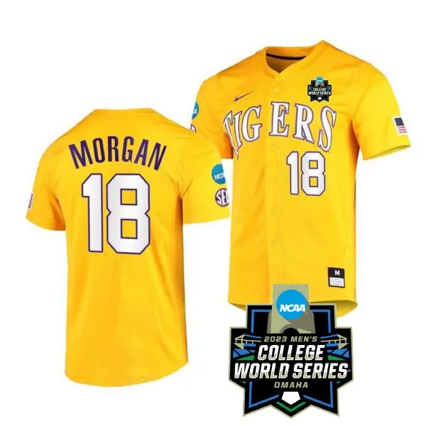 Morgan 18 LSU Tigers 2023 Men's College World Series Yellow All Stitched Vapor Jersey | For Men, Women & Youth