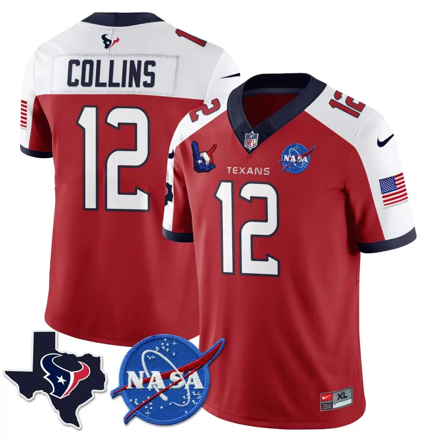 Nico Collins 12 Red Houston Texans Men's Stitched Jersey | NASA Patch | 2023 Game Day Outfit | For Men