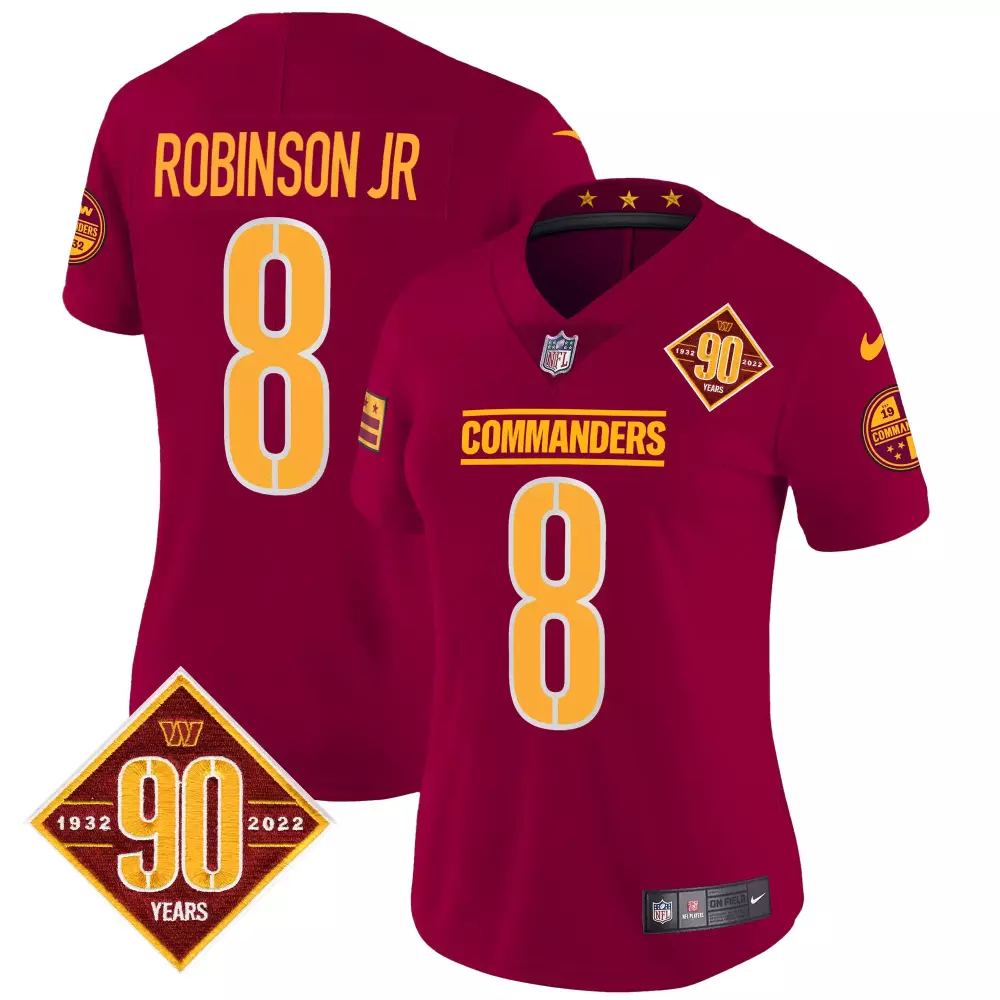 Robinson Jr. 8 Women's Washington Commanders 90th Anniversary Burgundy Vapor Jersey | Stitched Fan Gear | For Men, Women & Youth