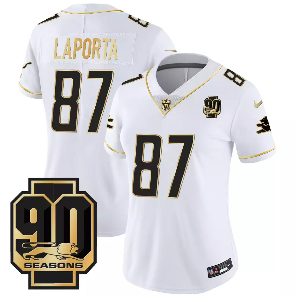 Sam Laporta 87 Detroit Lions 2024 White Vapor Jersey | 90th Year All Stitched | For Men, Women & Youth