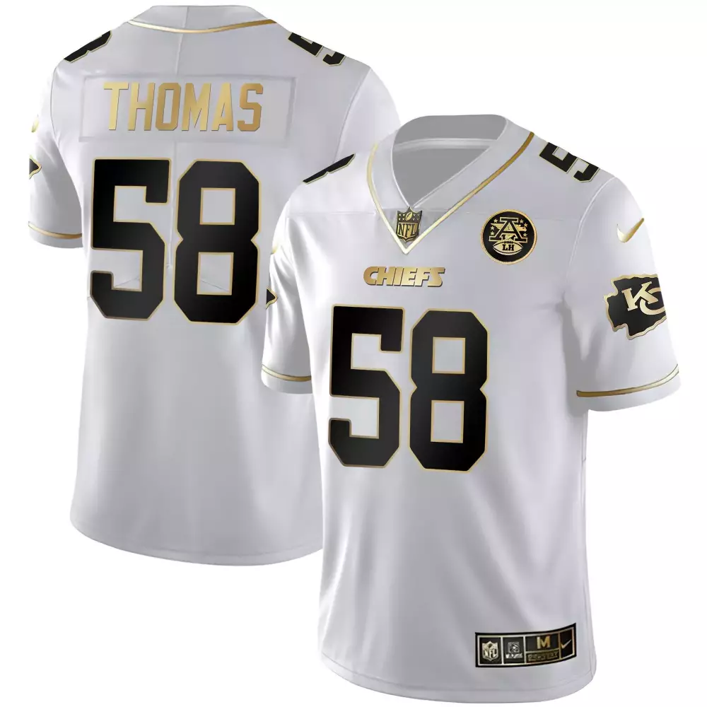 Thomas 58 Kansas City Chiefs White Gold Stitched Vapor Jersey | 2023 Style | For Men, Women & Youth