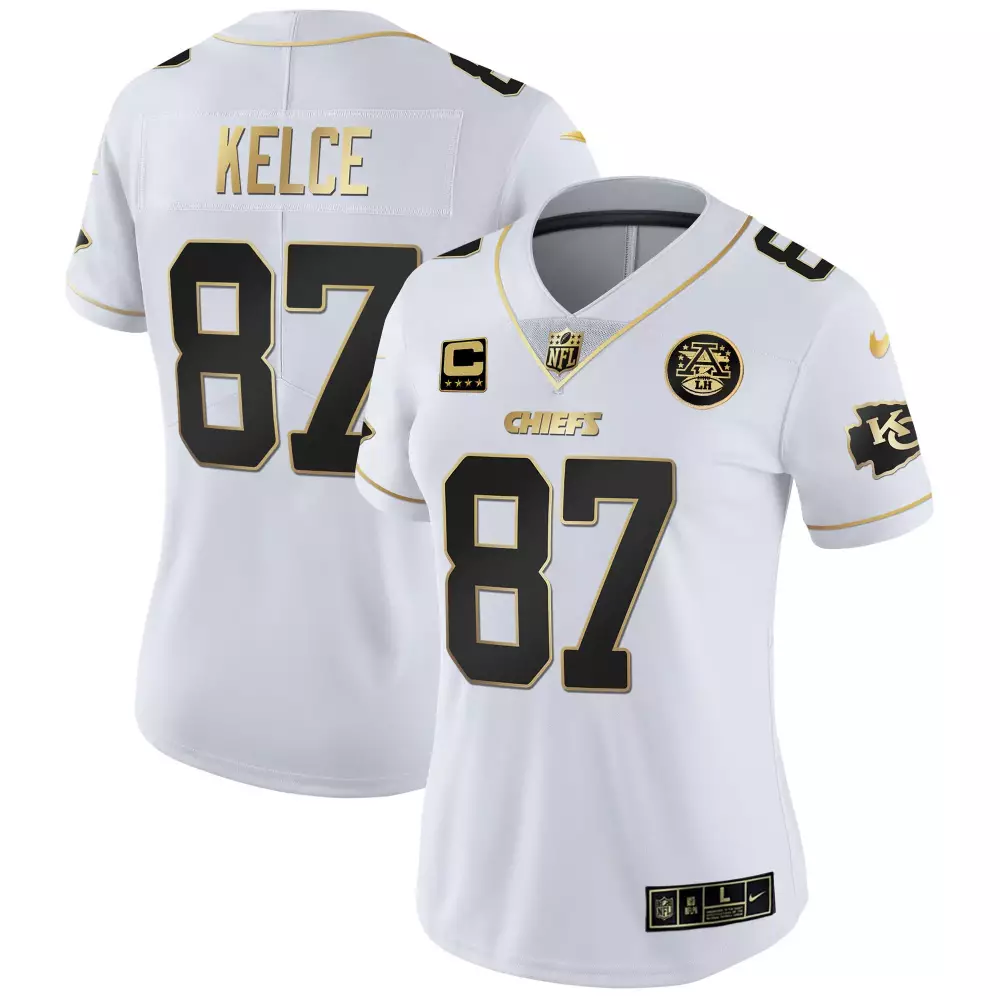 Travis Kelce 87 Kansas City Chiefs Women's Stitched Vapor Jersey | White & Gold | Limited Edition Fan Gear | For Men, Women & Youth