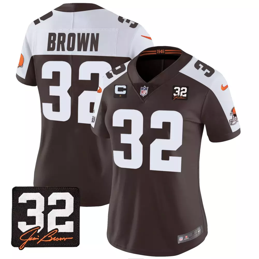 Jim Brown 32 Women's Brown Jersey | Memorial Patch All Stitched Vapor 1946 Edition | Limited Edition Fan Gear | For Men, Women & Youth