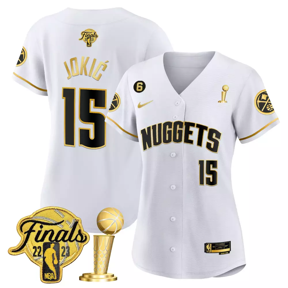 Women's Jokic Denver Nuggets 2023 Finals Jersey | White Gold Stitched Vapor Edition | For Women & Youth