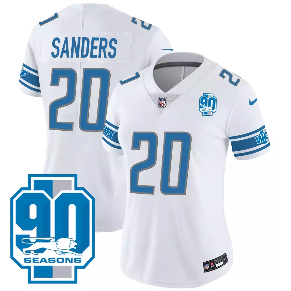 White Vapor Jersey for Women | Detroit Lions Barry Sanders 20 | 90th Season Fan Gear | For Women