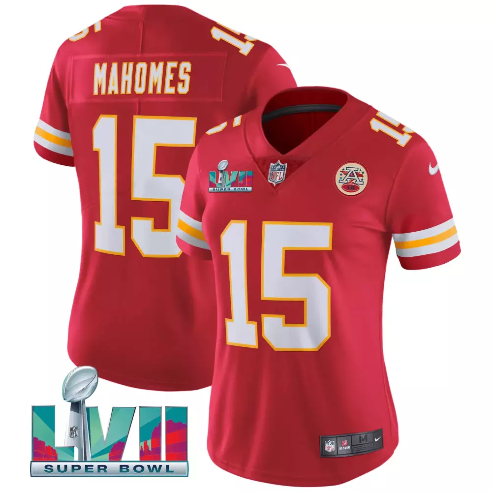 Women’s Kansas City Chiefs Mahomes 15 Limited Jersey | Red Super Bowl LVII Patch Fan Gear | For Wom