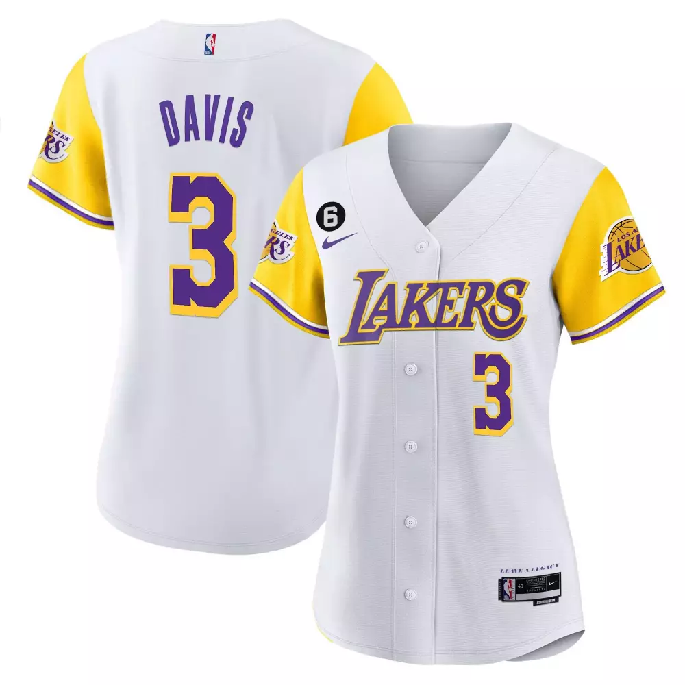 Los Angeles Lakers Women's White & Yellow Baseball Jersey #3 AD | Stitched Vapor Fan Gear | For Men, Women & Youth