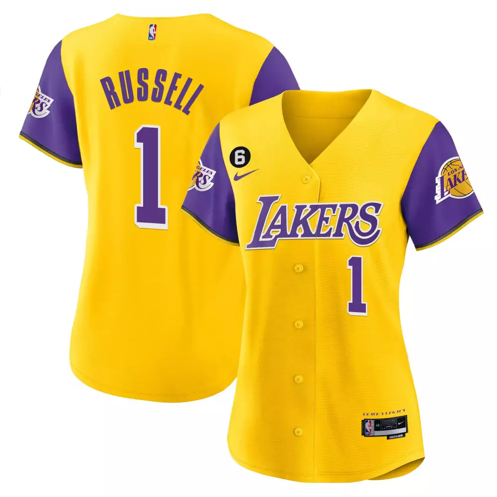 Russell 1 Los Angeles Lakers Women's Yellow Baseball Jersey | All Stitched Vapor Design | Game Day Outfit for Fans | For Men, Women & Youth