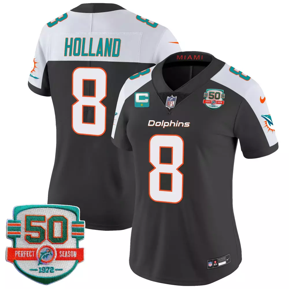 Women’s Miami Dolphins Holland 8 1972 Perfect Season Patch Vapor Jersey | Stitched Black | Limited Edition Fan Gear | For Men, Women & You
