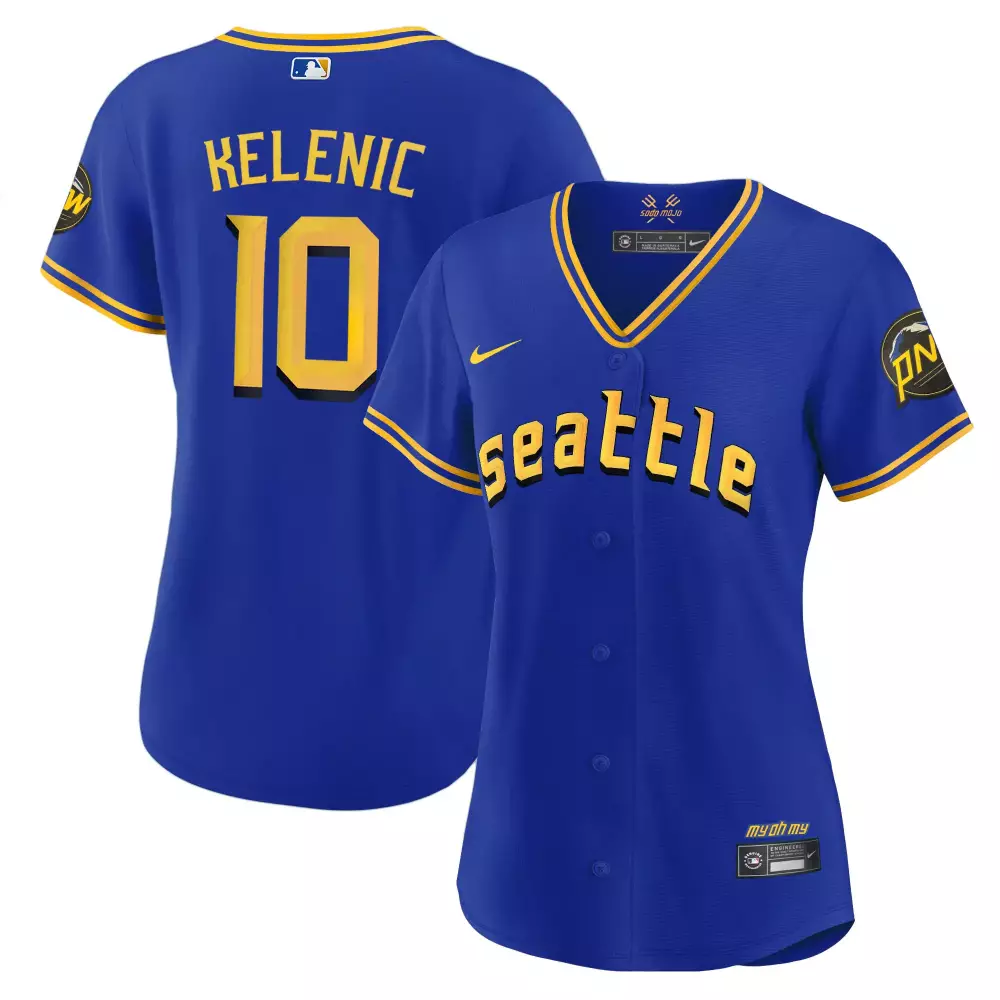 Women's Seattle Mariners Kelenic 10 2023 City Connect Gold Jersey | All Stitched Vapor | Fan Gear for Men, Women & Youth