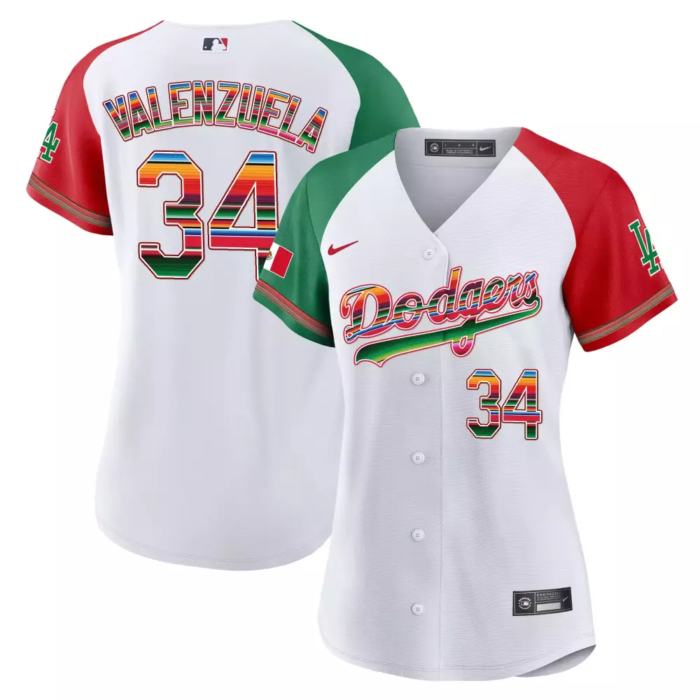 Women's White Dodgers Mexico Alternate Jersey | Valenzuela 34 All Stitched | Vapor Jersey | For Women