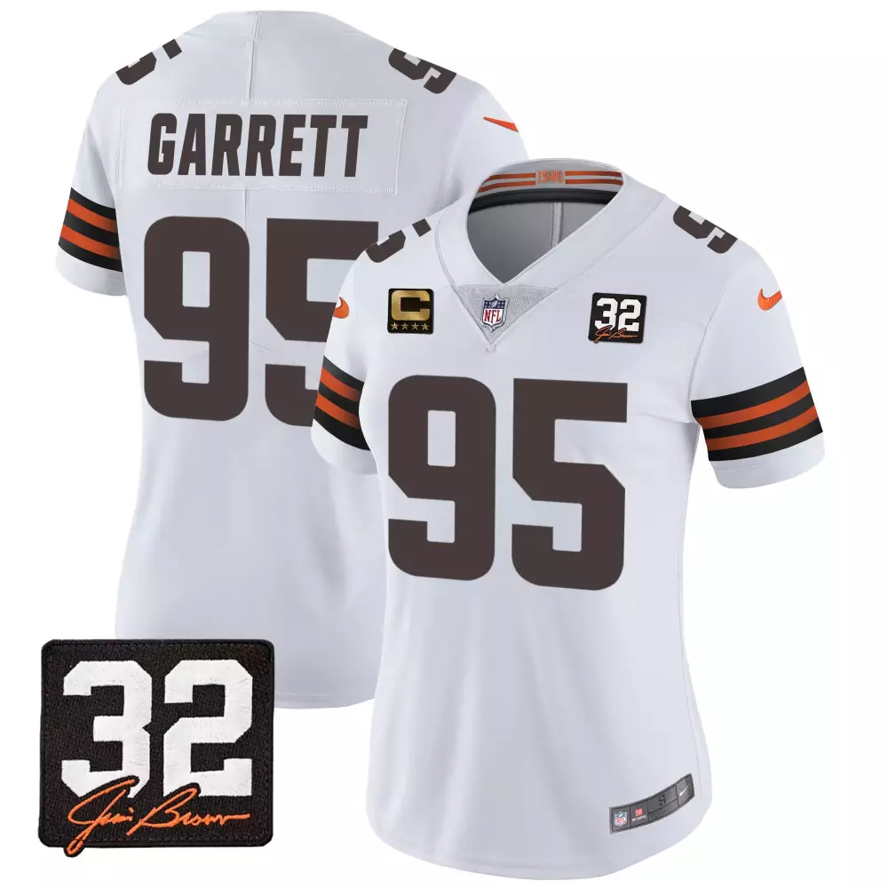 Myles Garrett Cleveland Browns Stitched Jersey | White with 32 Jim Brown Memorial Patch | Limited Edition Fan Gear | For Men, Women & Youth