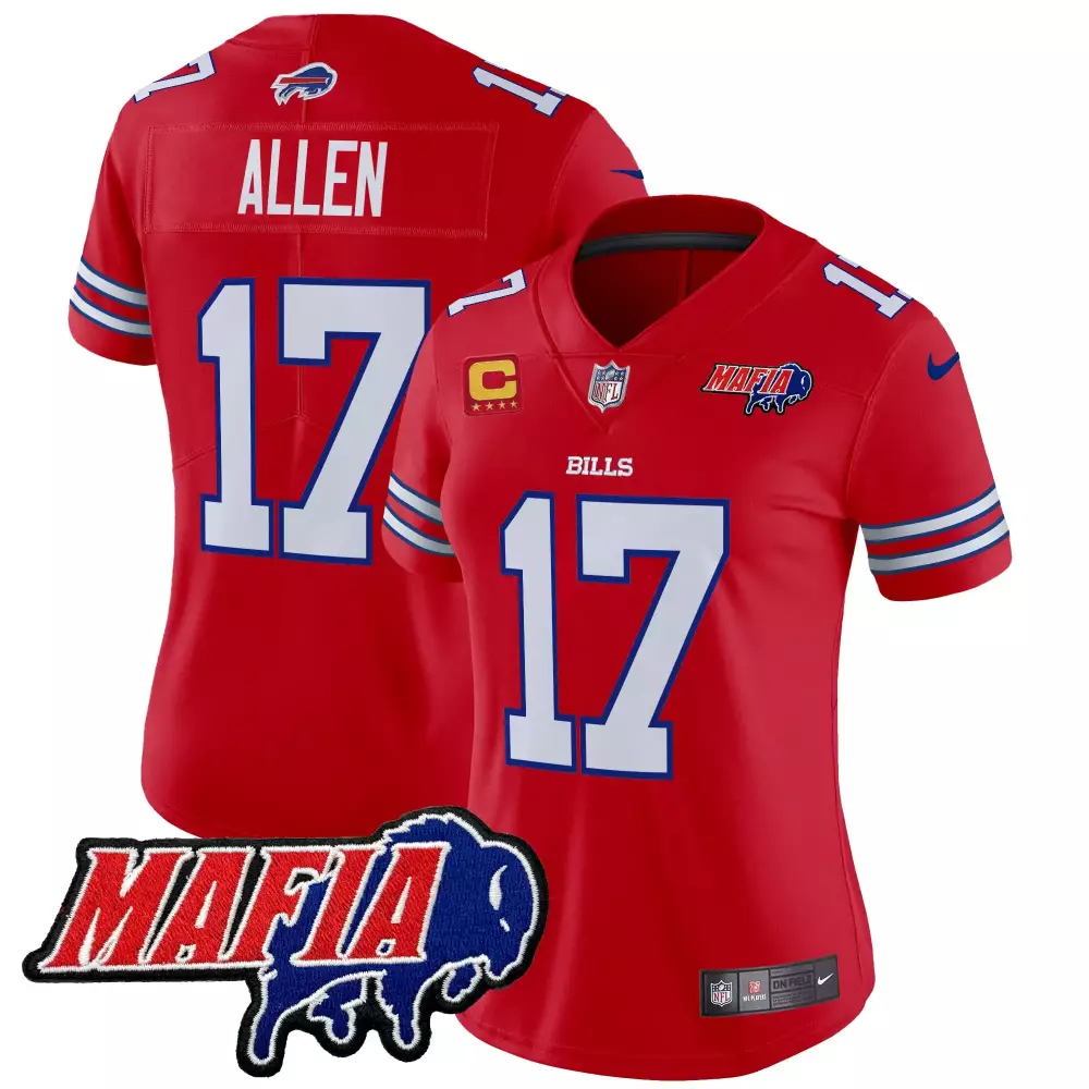 Allen 17 Women's Buffalo Bills Stitched Jersey | Red Mafia Patch 2025 | Game Day Outfit | For Men, Women & Youth
