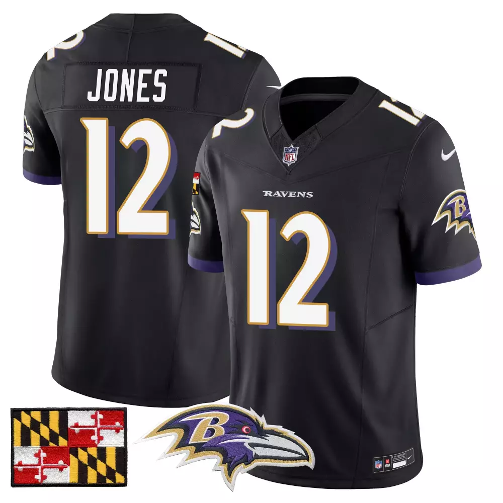 Baltimore Ravens 2024 Black Vapor Limited Jersey | All Stitched Jones 12 Name Patch Men's Style Fan Gear | For Men, Women & Youth