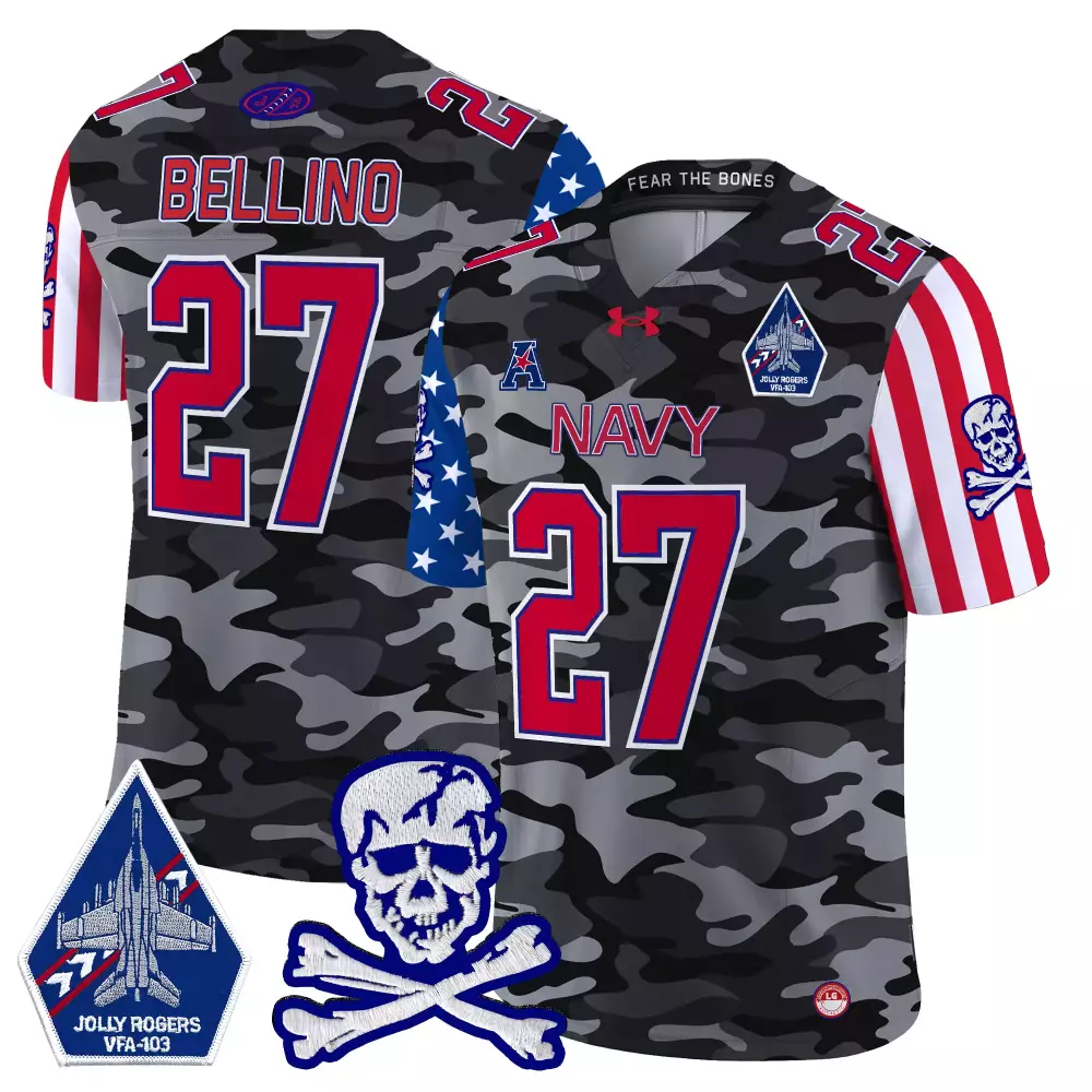 Bellino 27 Men's Navy Stitched Jersey | 2024 Jolly Rogers Patch Camo Style | Game Day Outfit | For Men, Women & Youth