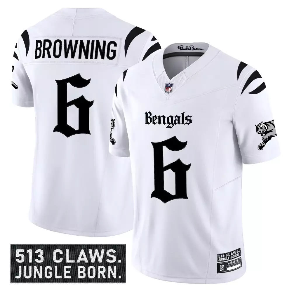 Browning 6 Cincinnati Bengals White Stitched Men's Jersey | Name Patch 2023 Jungle Born Fan Gear | For Men, Women & Youth