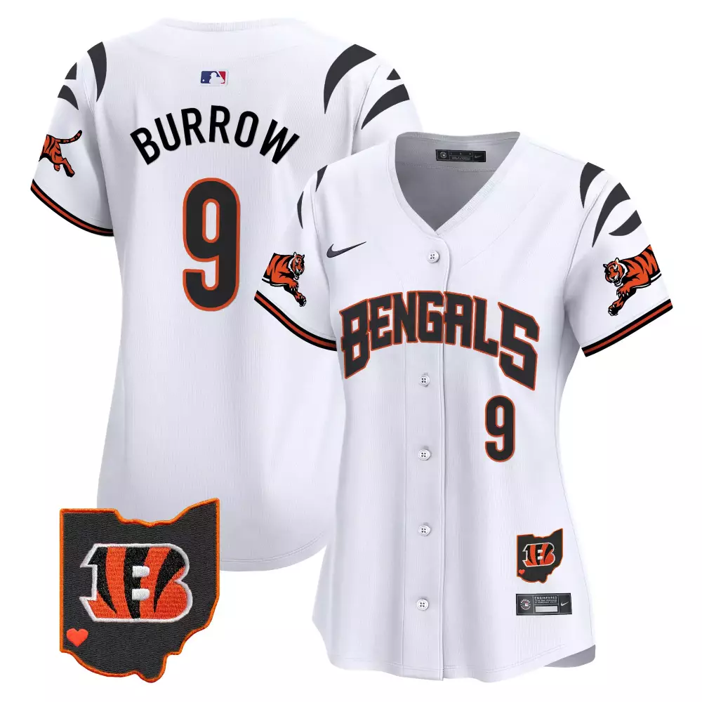 Burrow 9 Cincinnati Bengals 2023 Women's White Stitched Jersey | Name Patch Fan Gear | For Women, Men & Youth