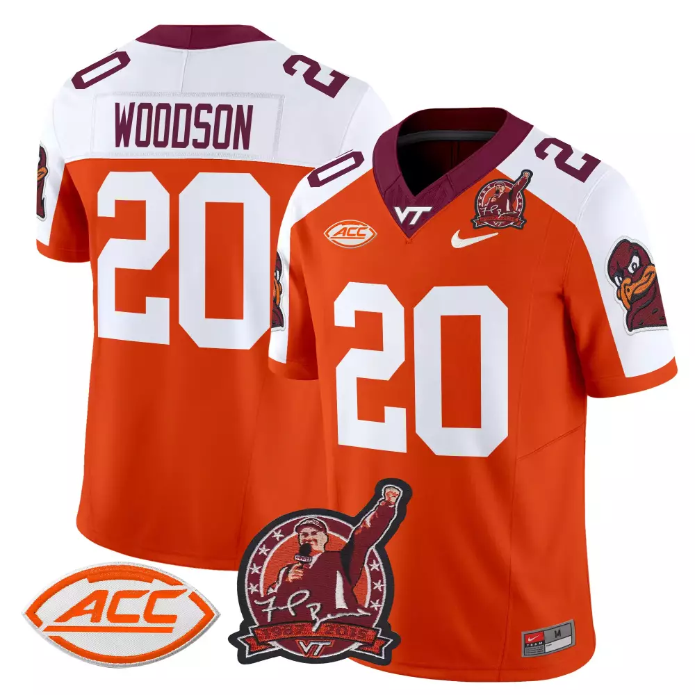 Custom Virginia Tech  ACC Caleb Woodson 20 Hokies Maroon All Stitched 2024 Name Patch Football Jersey – Orange