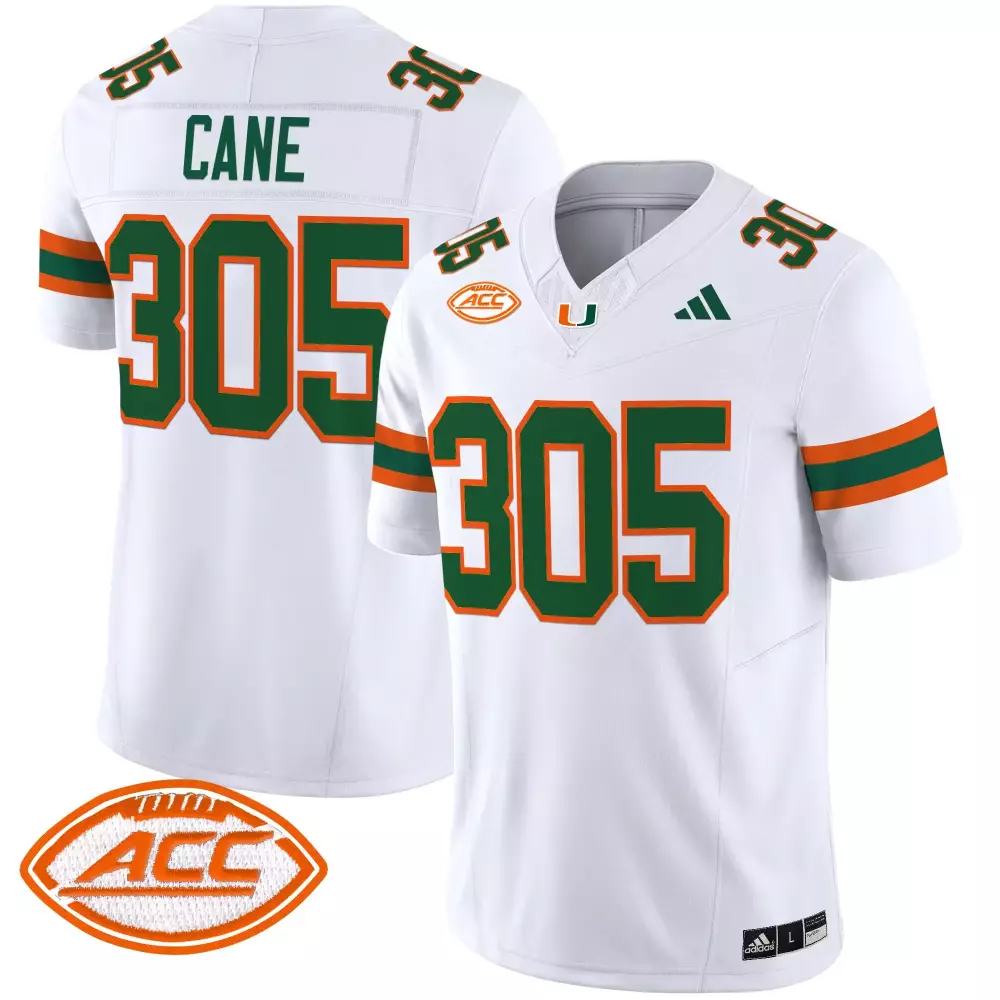 Miami Hurricanes Cane 305 Men's White Stitched Vapor Jersey | 2025 ACC Patch | Stylish Fan Gear | For Men, Women & Youth