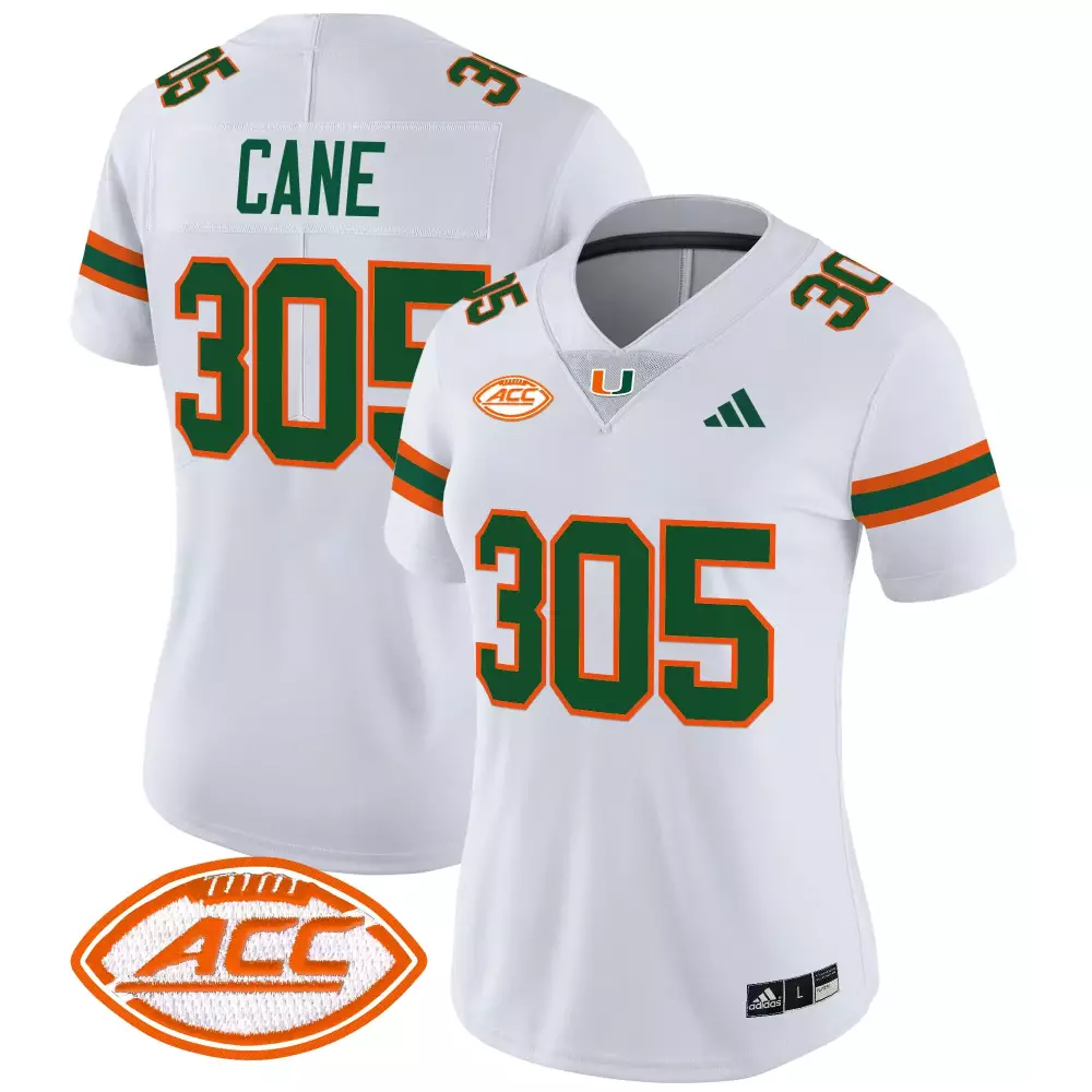 Cane 305 Women's Miami Hurricanes White All Stitched Jersey | Name Patch Edition | 2025 Fan Gear | For Women