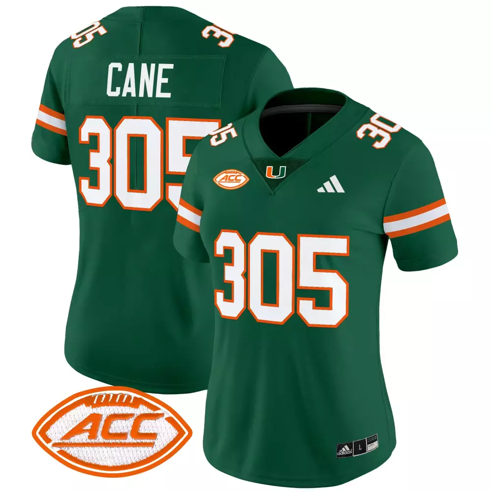 305 Women's Miami Hurricanes Stitched Vapor Jersey | Green 2025 ACC Name Patch | Replica Fan Gear | For Men, Women & Youth