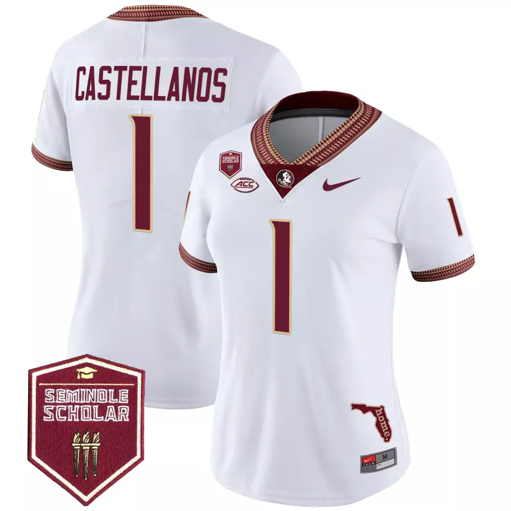 Castellanos 1 Women's Stitched Jersey | White Florida State 2025 | Seminole Scholar Patch | For Men, Women & Youth