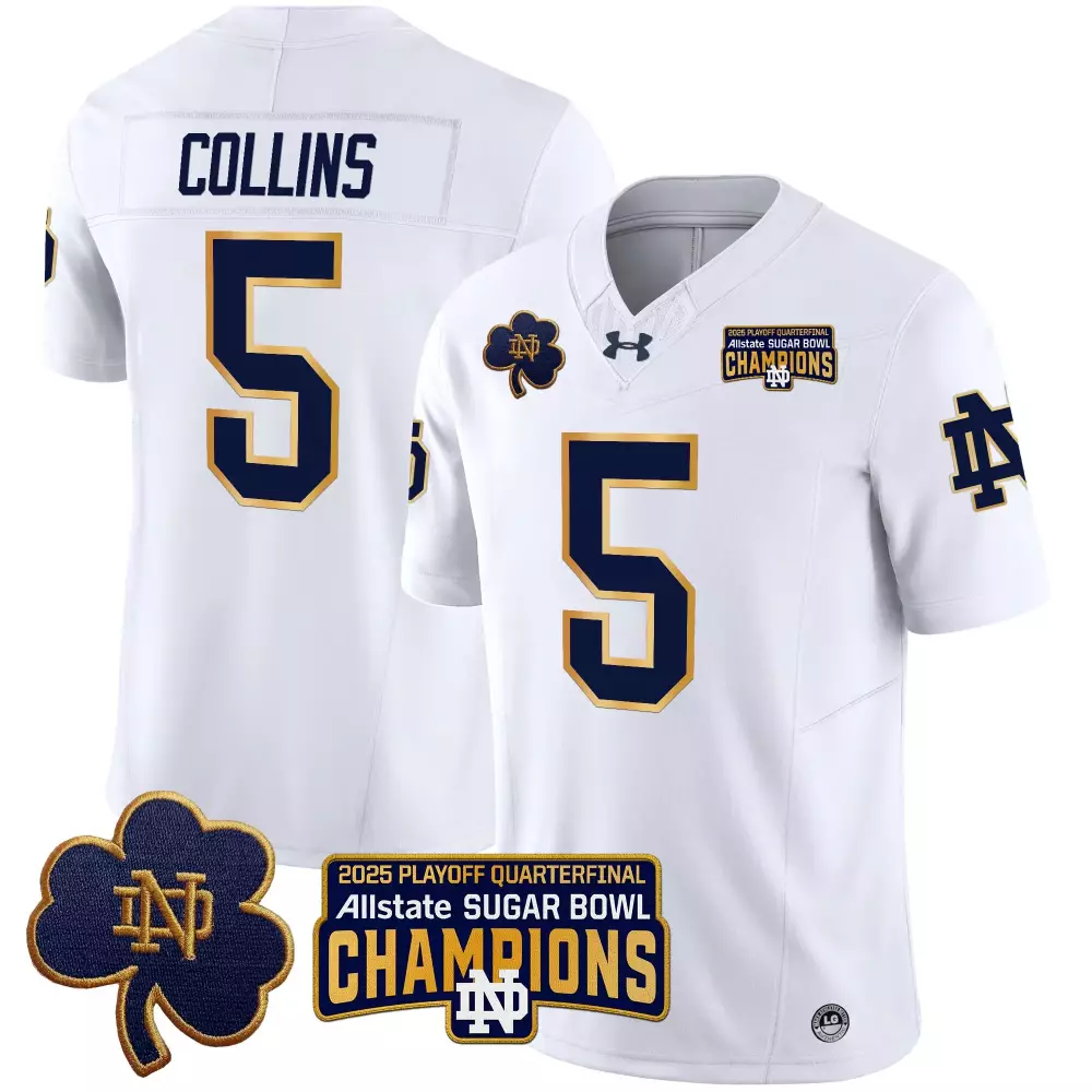 Collins 5 Notre Dame Fighting Irish 2025 Stitched Vapor Jersey | White Sugar Bowl Champions | Limited Edition Fan Gear | For Men, Women & Youth