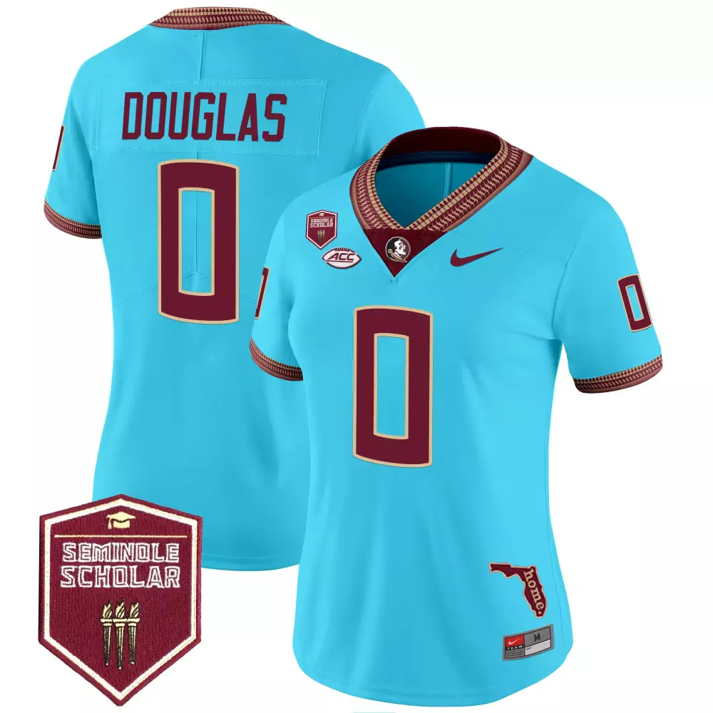 Douglas 0 Women's Stitched Jersey | 2025 Florida State Seminole Scholar Aqua | Replica Fan Gear | For Men, Women & Youth