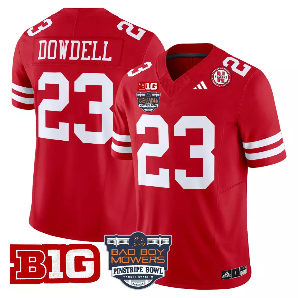 Customizable Nebraska Cornhuskers  Pinstripe Bowl Big Ten Conference Dowdell 23 Stitched With Name Patch 2025 Stitched Jersey – Red