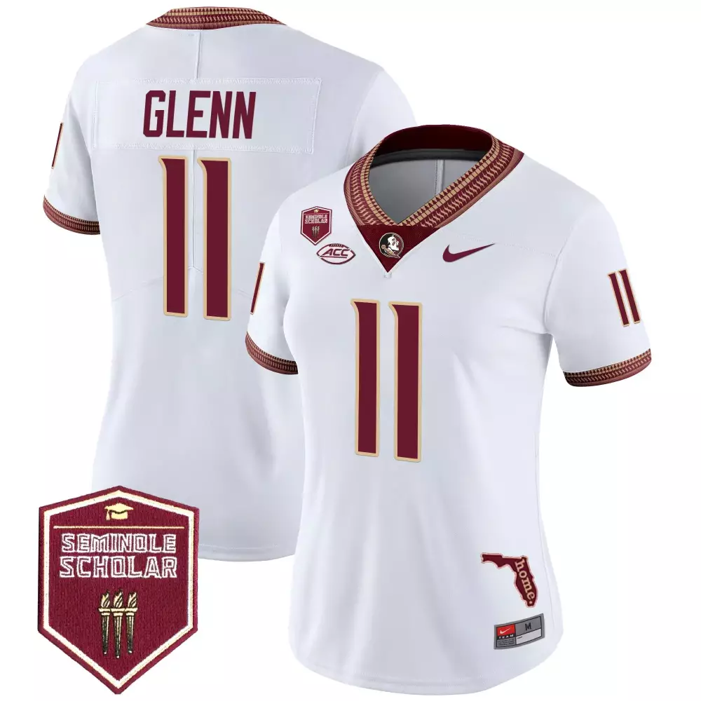 Glenn 11 Women's Stitched Vapor Jersey | White Florida State Seminoles 2025 Name Patch | Limited Edition Fan Gear | For Men, Women & Youth