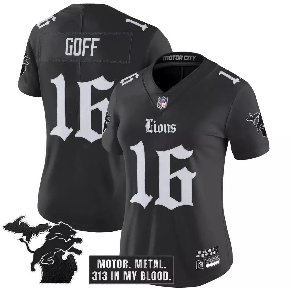 Goff 16 Women's Black Stitched Jersey | Name Patch 2023 Motor City Lions Edition | For Women | For Men, Women & Youth