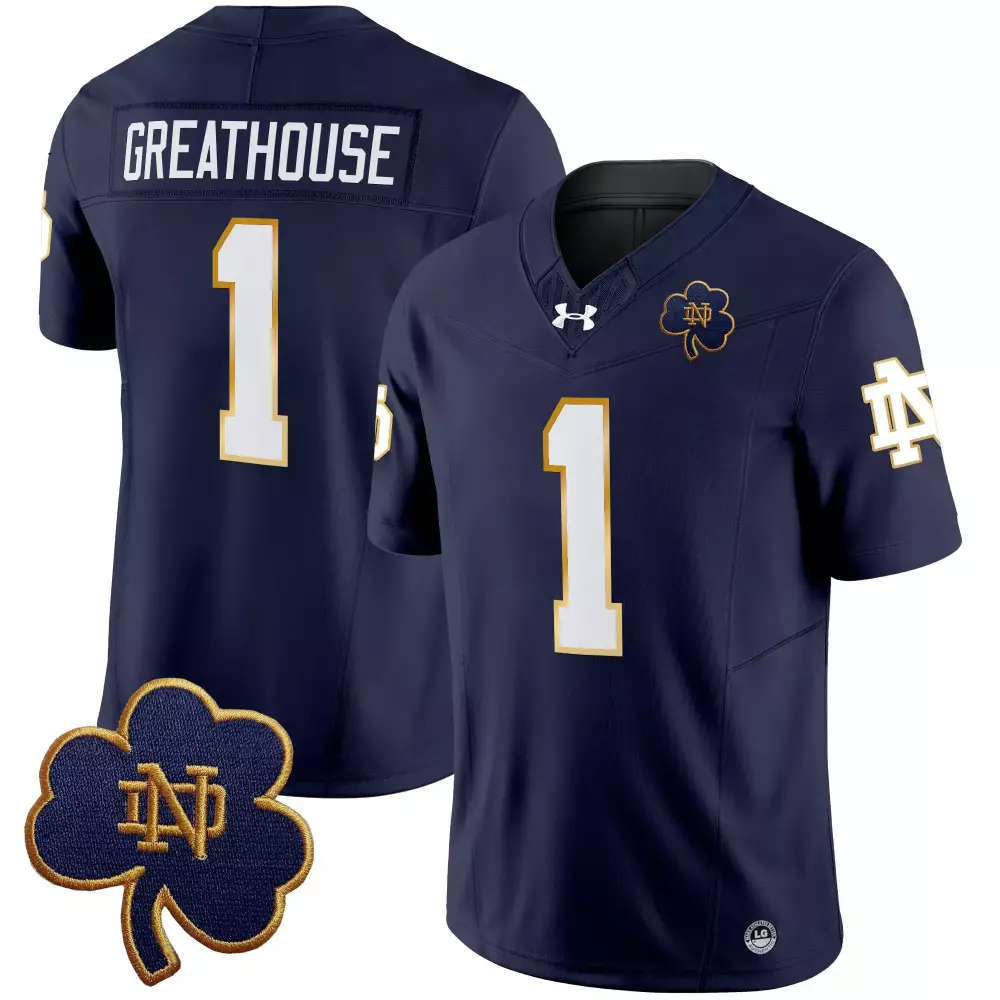 Greathouse 1 Notre Dame Fighting Irish Navy Stitched Jersey 2025 | Name Patch Included | Fan Gear for Men, Women & Youth