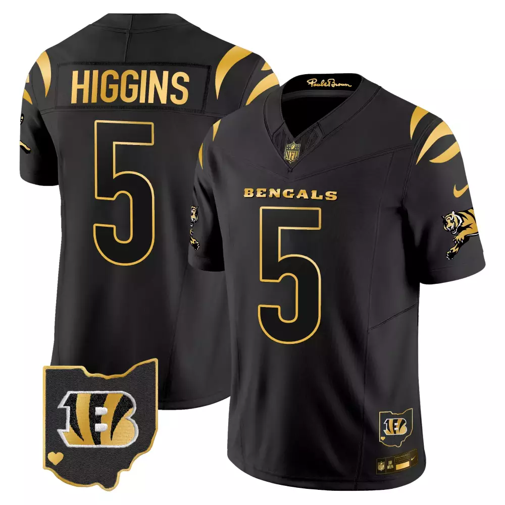 Higgins 5 Cincinnati Bengals 2023 Men's Black Stitched Jersey | Name Patch | Fan Gear for Men, Women & Youth